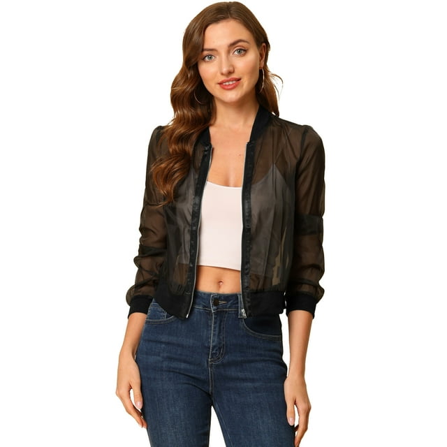INSPIRE CHIC Blouson Bomber à Manches Longues Transparent à Fermeture Éclair pour Femme