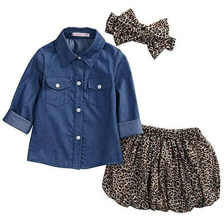 - Baby Cute Girl 3Pcs Long Sleeve Denim Button Shirt Leopard Mini Skirt With Headband Outfit