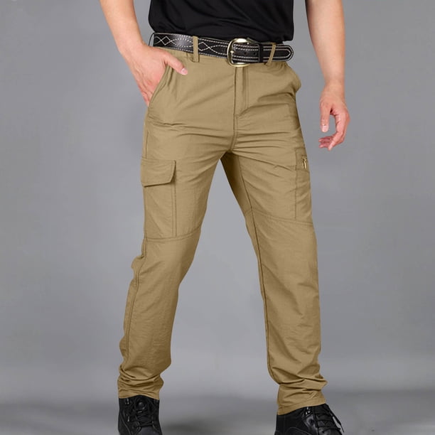 Ceisia Men's Solid Color Nylon Quick-Dry Cargo Pants, Multi-Pocket Waterproof Outdoor Trousers for Men Gold M Gifts