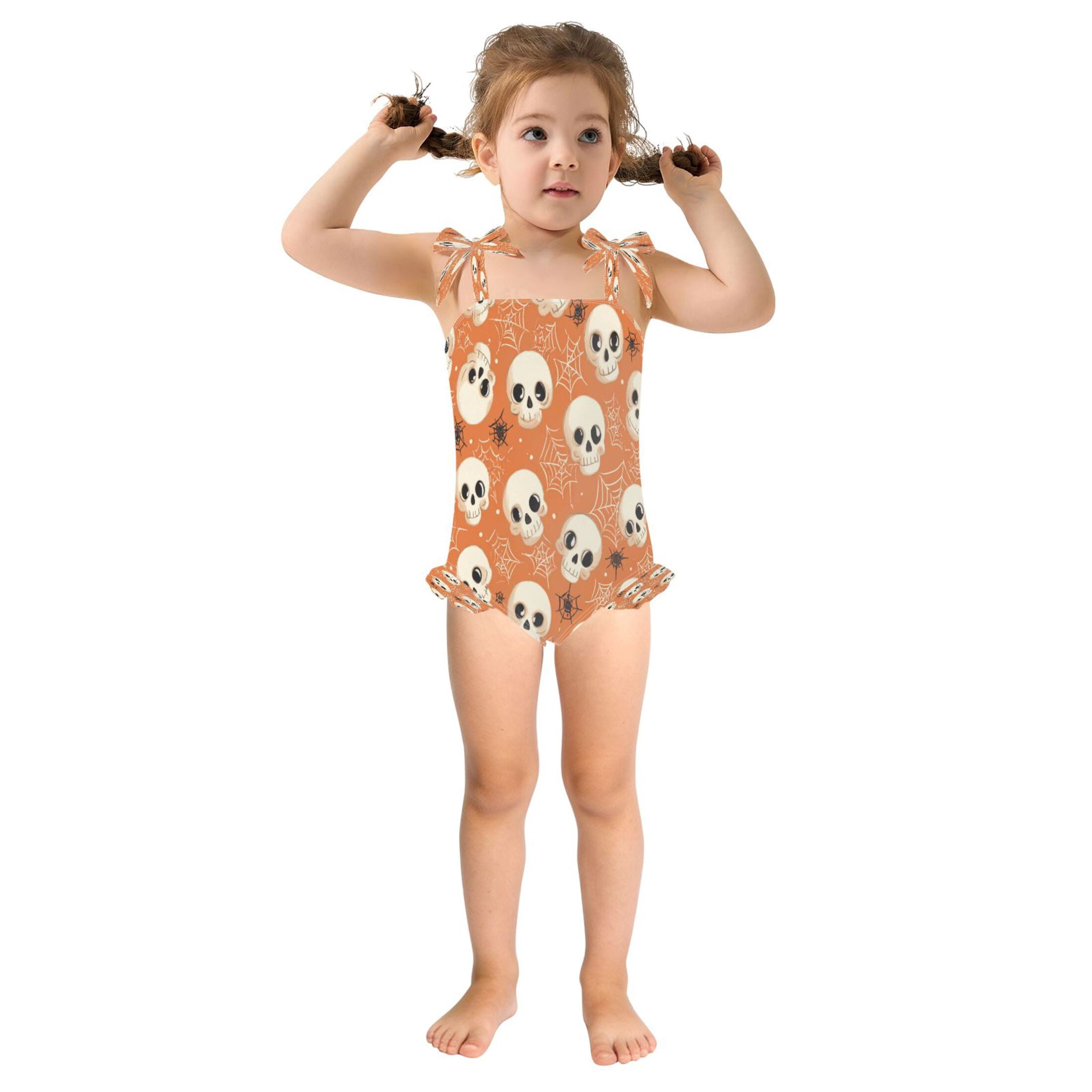 Toddler Girls One Piece Swimsuit, Tie Shoulder Ruffle Bathing Suit, Quick Dry Kids Swimwear for Summer Beach Adorable Skulls and Spider Webs