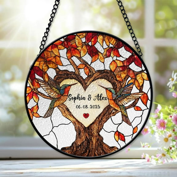 Personalized Tree Of Life Wedding Anniversary Suncatcher, Hummingbird Couple Keepsake Gift, Wedding Anniversary Gift, Gift For Husband, Wife