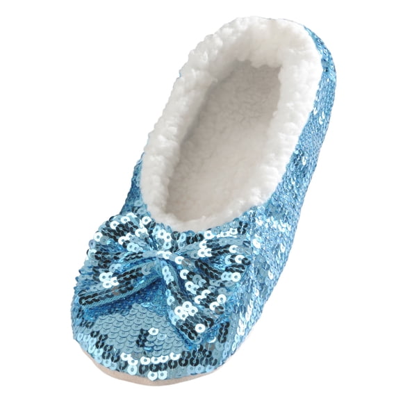 Pantuflas con brillo metálico y diseño bailarina de Snoozies | Zapatos de casa con lentejuelas para mujer | Calcetines tipo pantuflas con pinzas | Lindo calzado de interior (azul pequeño)