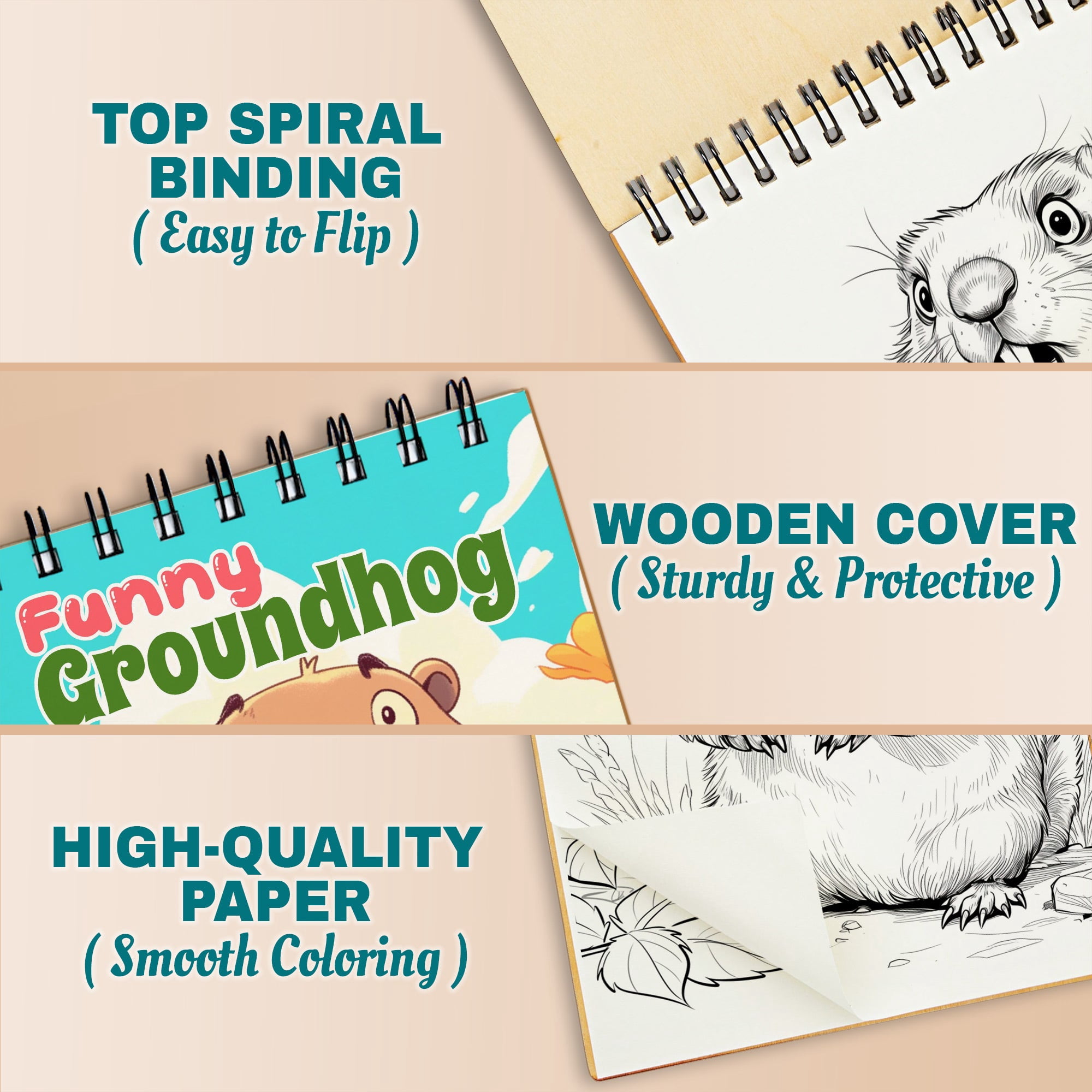 Netecom Funny Groundhog Coloring Book Spiral Bound for Adults, A5 Wooden Cover, Spiral Bound, 30 Cute Coloring Pages in Happy Groundhog Day for Stress Relief and Relaxation