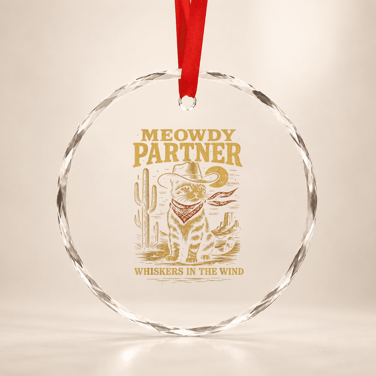 Meowdy Partner Funny Country Side Cat Hat Vintage Cowboy Cat Glass Ornament Holiday Tree Decoration