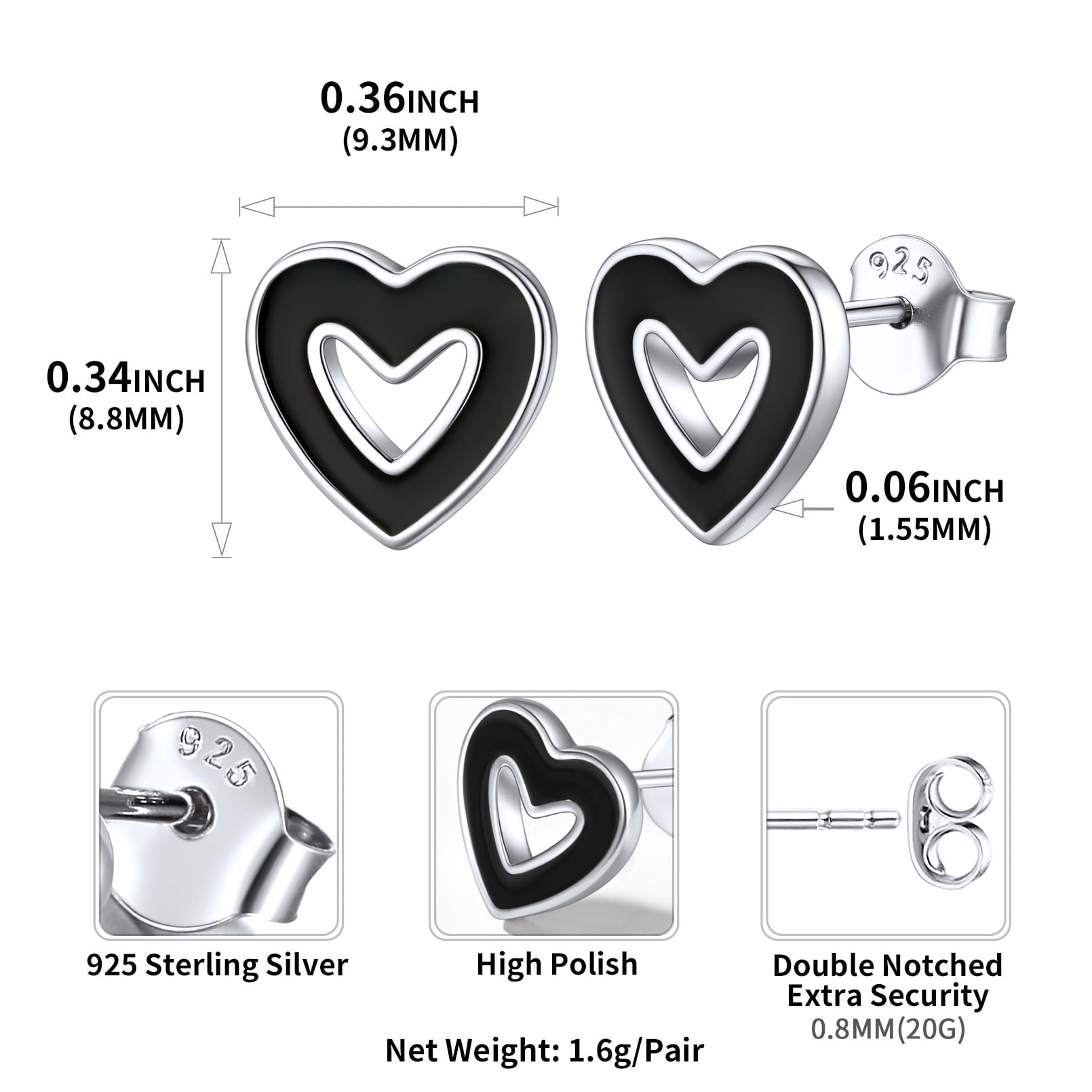 ChicSilver Small Black Hallow Heart Stud Earrings Women Men