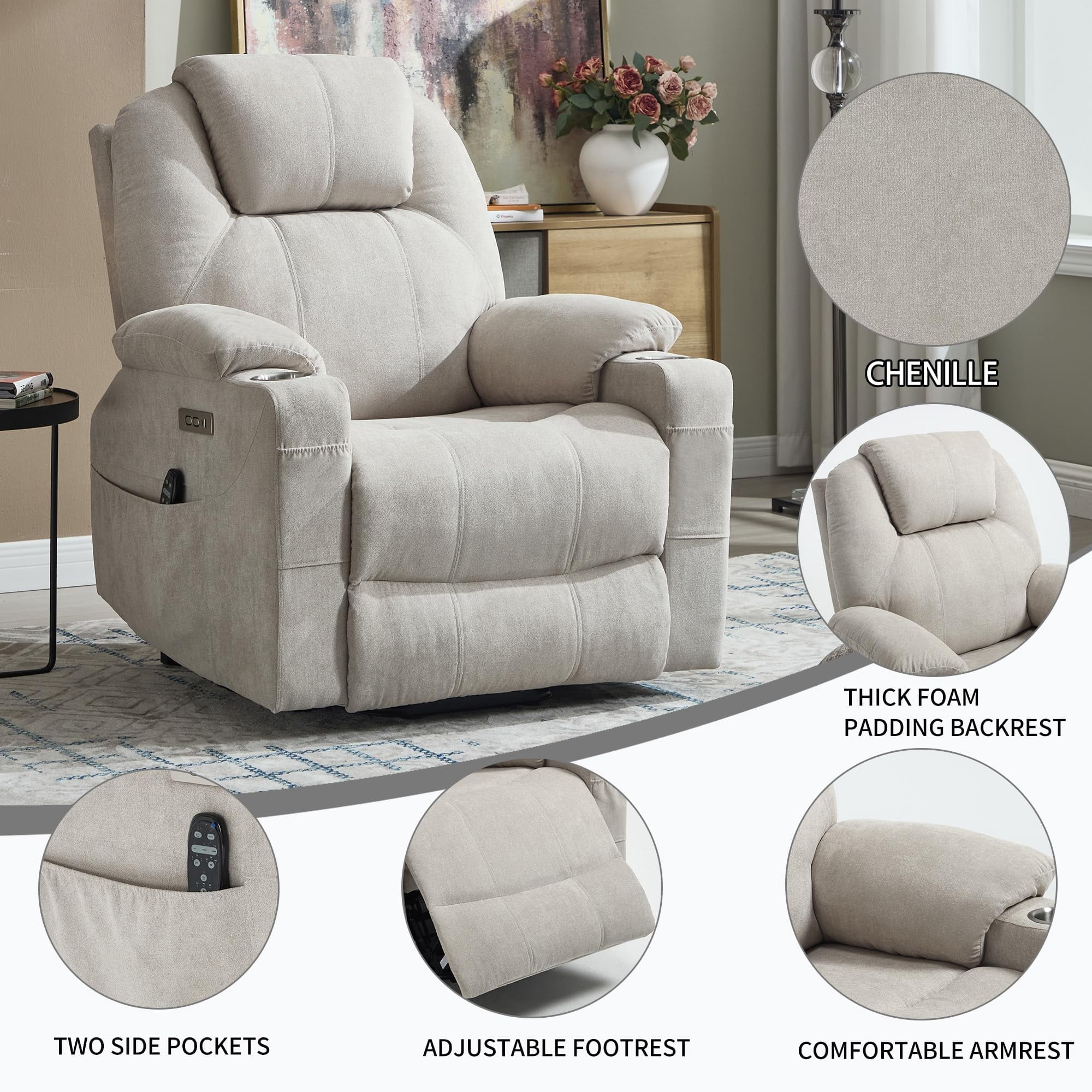 Power Lift Recliner Chair, Electric Lift Recliner for Elderly Reclining Chair with Vibration Massage and Lumbar Heating, Single Sofa with Charging Ports Cup Holders