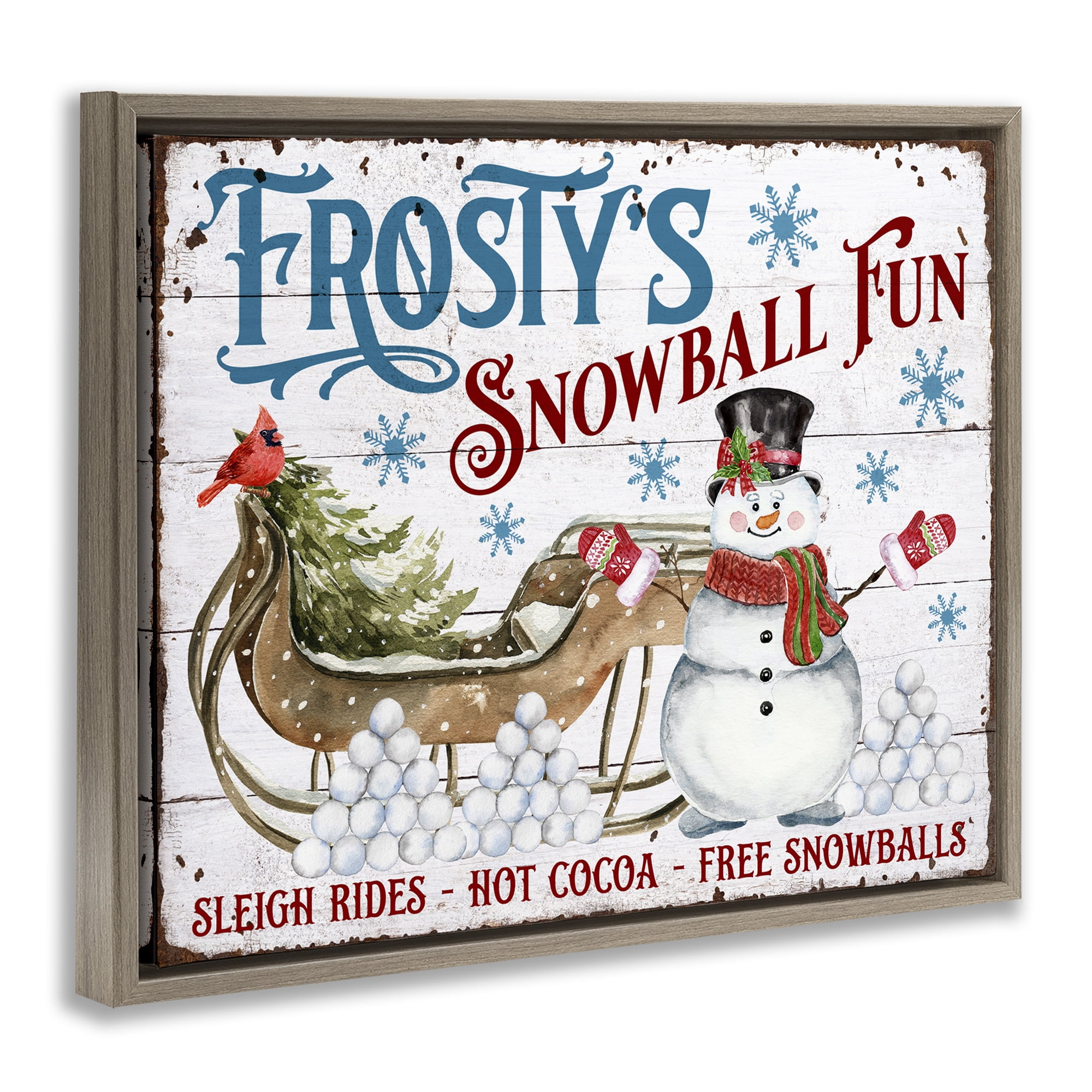 Stupell Industries Frosty's Snowball Fun Holiday Painting Brown Floater Framed Canvas Art Prints Wall Art, 31 x 25