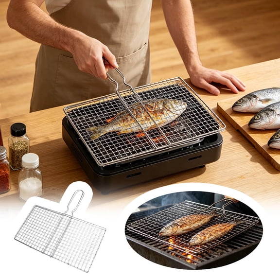 Stainless Steel Fish Grill Basket for Outdoor Bbq, Heavy Duty Lockable Grilling Rack for Fish Vegetables Steak Veggies Shrimp Meat, Portable Campfire Cooking Mesh Grate tool, 12 X 8 inch