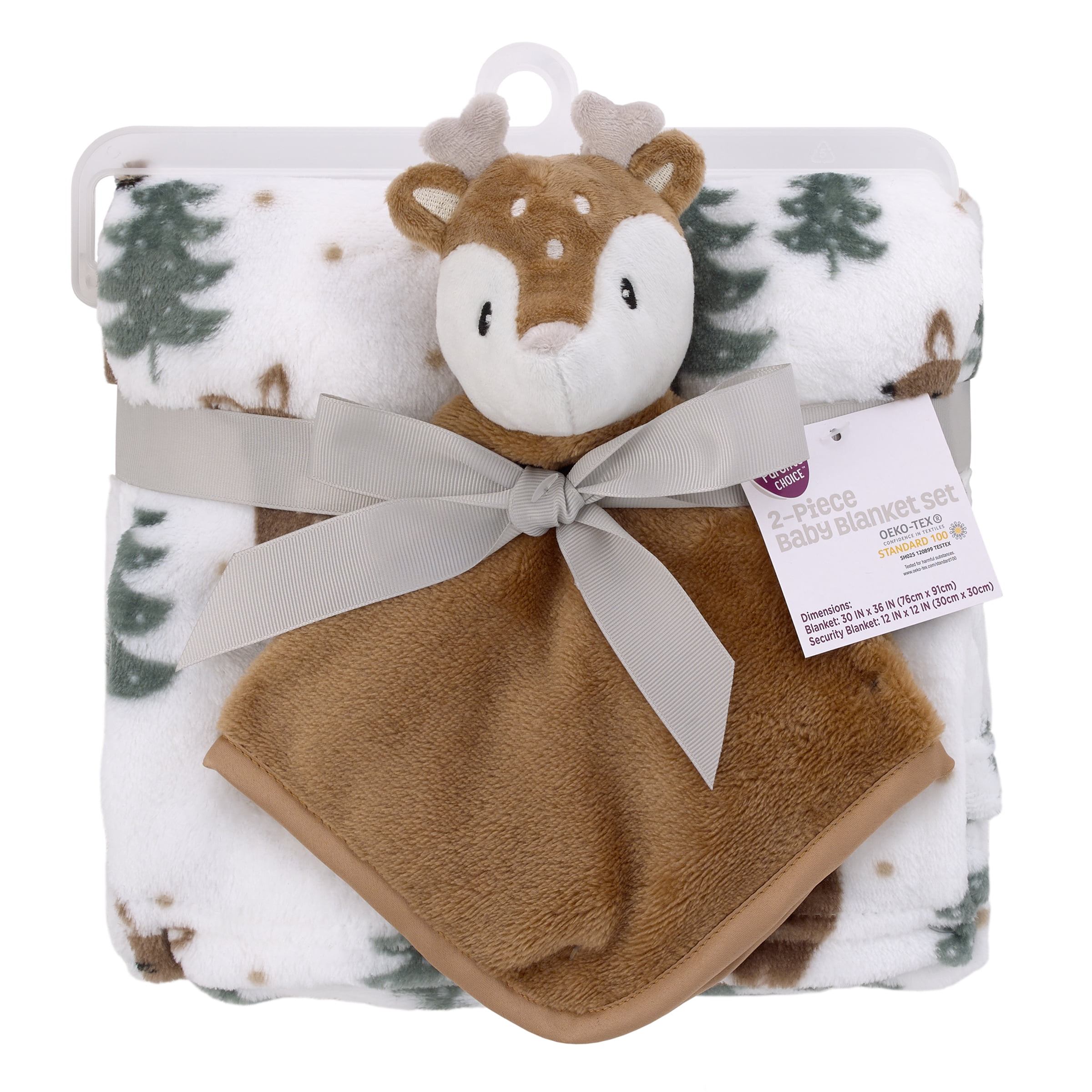 Parents Choice 2pc Ultra Soft Baby Blanket and Lovie Set, Brown, Green, White Deer, Infant, Boy or Girl, Plush Polyester Blanket, Security Blanket, Unisex