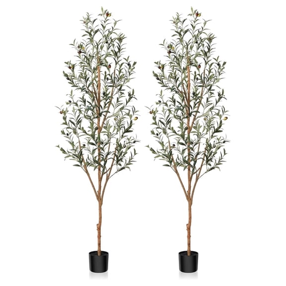 Artificial Olive Tree 6FT Tall Faux Silk Plant for Home Office Decor Indoor Fake Potted Tree with Natural Wood Trunk and Lifelike Fruits, 2 Pack