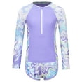 thumbnail image 1 of Raenseen Kids Girls 2Pcs Rash Guard Swimsuit Long Sleeve Zipper Swim Top and Shorts Sun Protection Bathing Suit Lavender 11-12Y, 1 of 7