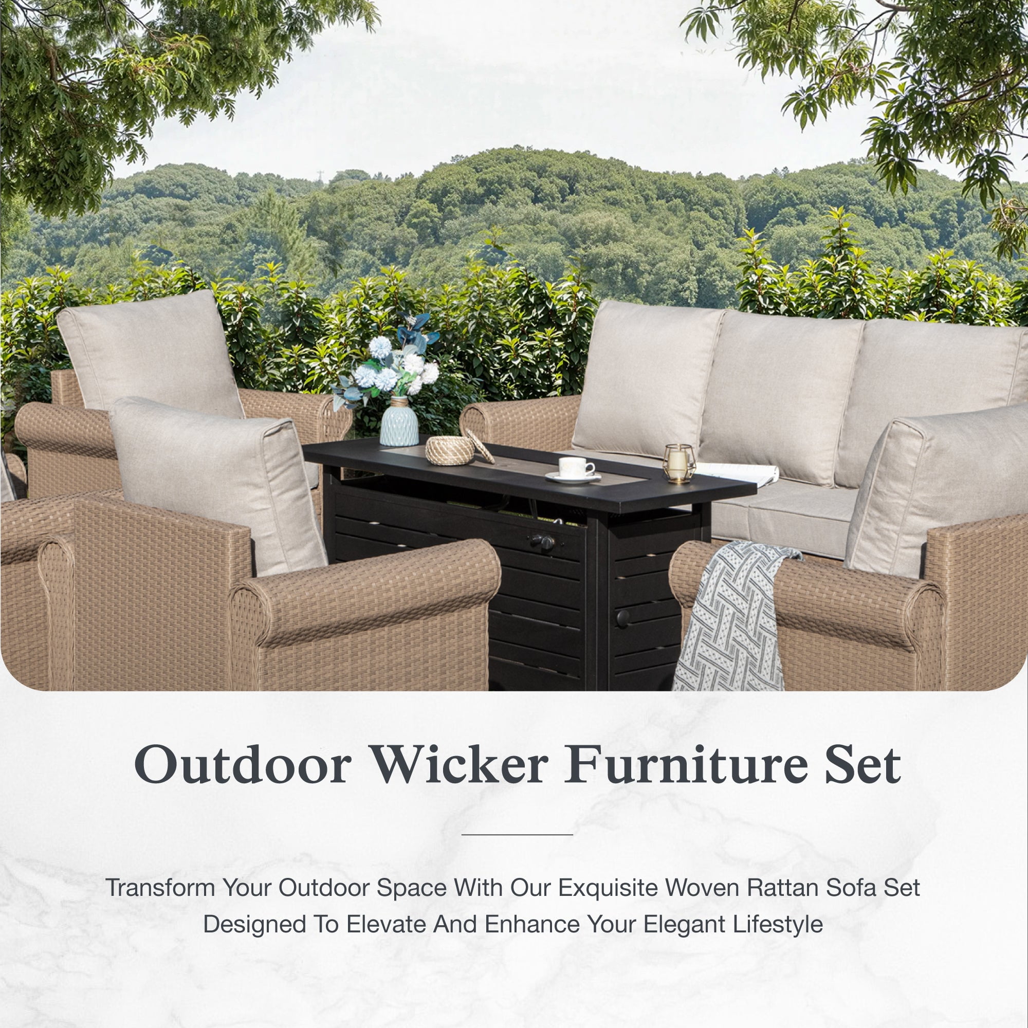 Sophia & William 8 Pieces Wicker Patio Furniture Set 9-Seat Outdoor Cushioned Conversation Set with Fire Pit Table, Beige