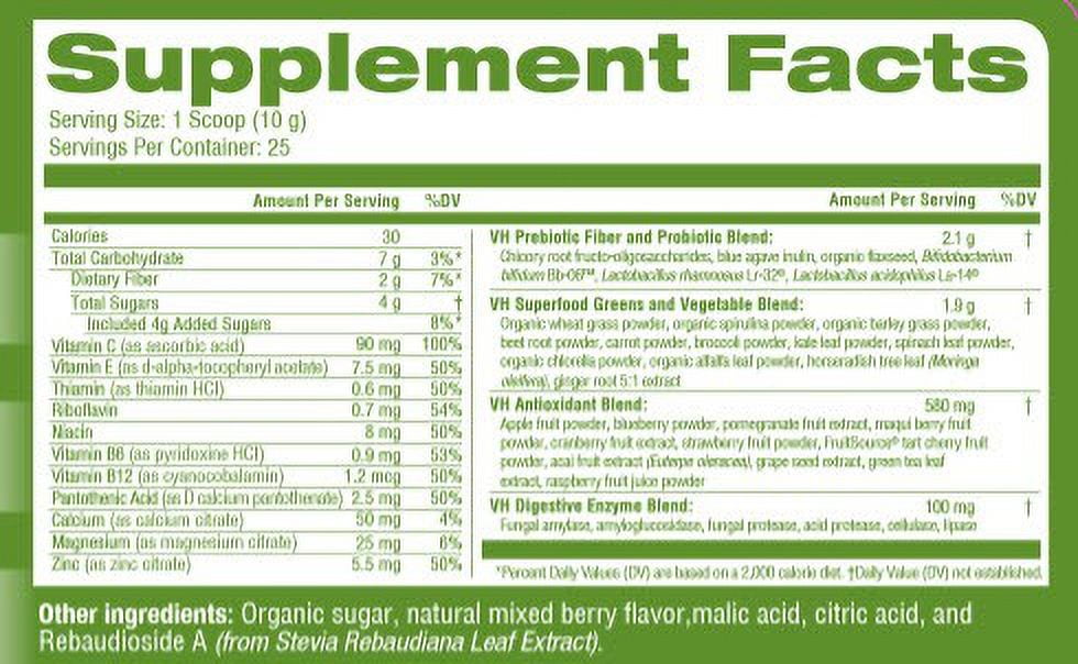 VitaHustle ONE Superfood Greens Powder, Probiotics, Mixed Berry, 25 Servings