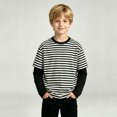 thumbnail image 5 of WDWYY Boys Striped Long Sleeve T Shirt Loose Fit Soft Stretchy Crew Neck Fake Two Piece Casual Tee Black 7-8Y, 5 of 8