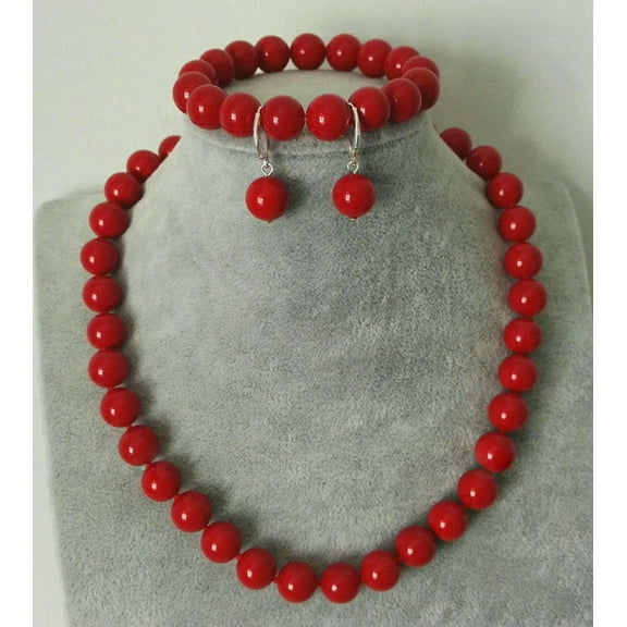 K-KED New 10mm Red Coral Round Gemstone Beads Necklace Bracelet Earrings Set 18/7.5''