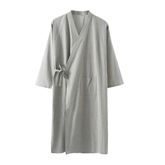 Tnhcen Men's Cotton Long Sleeve V - Neck Pocket Breathable Tie Belt Sleep Robe Summer Lightweight Home Wear Lounge Wear Pajama Cover - Up Bathrobe