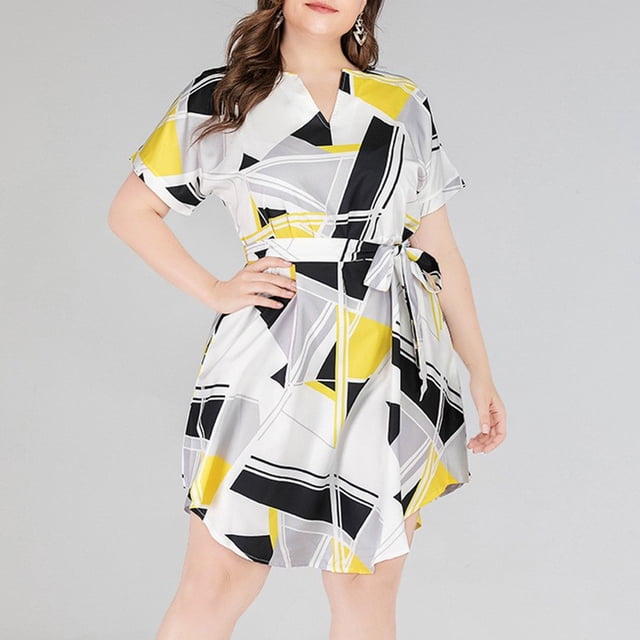 Fankiway Mode Femmes Grande Taille Robe Mini Col en V Taille Imprimée Robes Femmes Grande Taille Liquidation Robes d'Été pour Femmes Manches Courtes