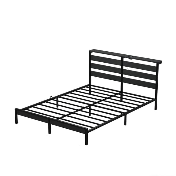 SEVHOMES Queen Metal Platform Bed Frame with Wood-Style Headboard, LED Lights, Charging Station