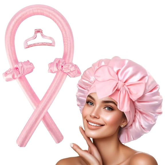 Heatless Hair Curler Set with Silk Bonnet – Overnight Blowout Curls, No Heat Curling Rod for Sleep, Pink