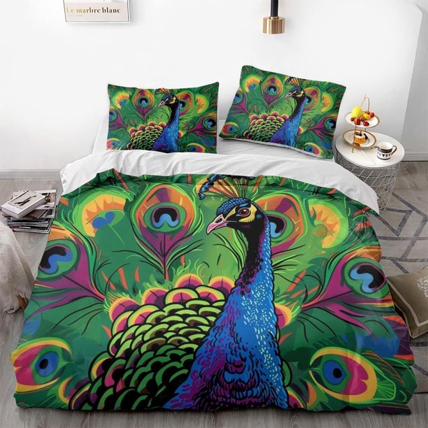 of The Peacock Juego de Funda Nórdica y Edredón - Elegante Diseño Pavo Real, 100% algodón.