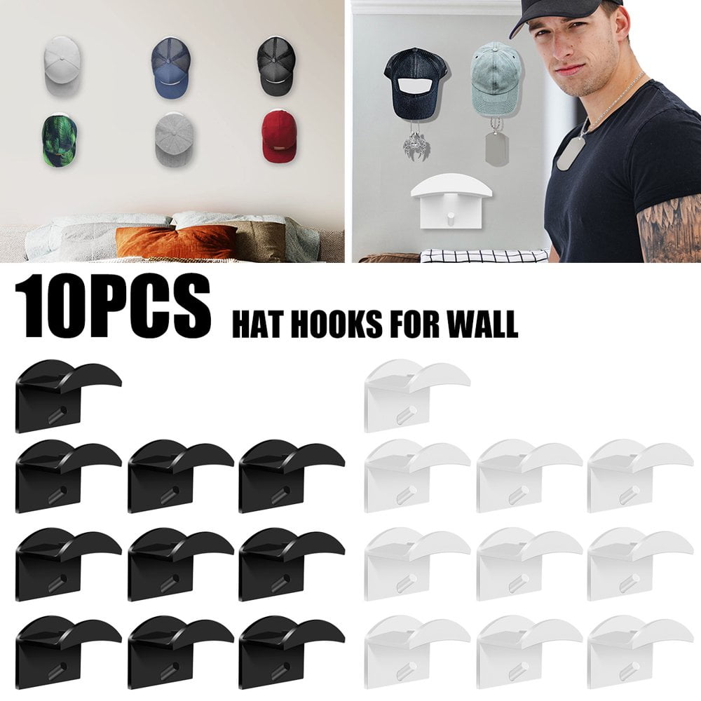 AMERTEER 10Pcs Adhesive Hat Hooks for Wall Adhesive Baseball Hat Rack Drilling Hat Decoration Sticky Hook for Hat Earphone Sunglasses Scarf Closet