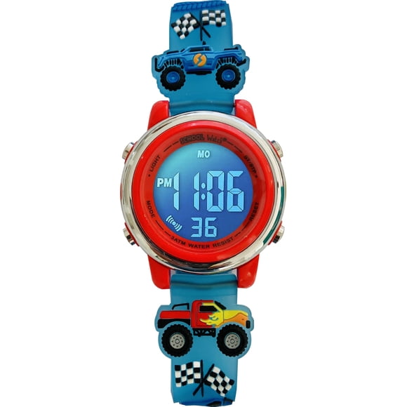 Monster Truck Reloj digital con luz 3D para niños, niños, niños, niños, resistente al agua, reloj escolar