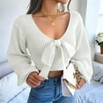 thumbnail image 4 of Women Long Sleeve Crop Front Bowknot Ribbed Knit Pullover Sweaters Fall Winter V Neck Crop Tops Pullover White S, 4 of 8
