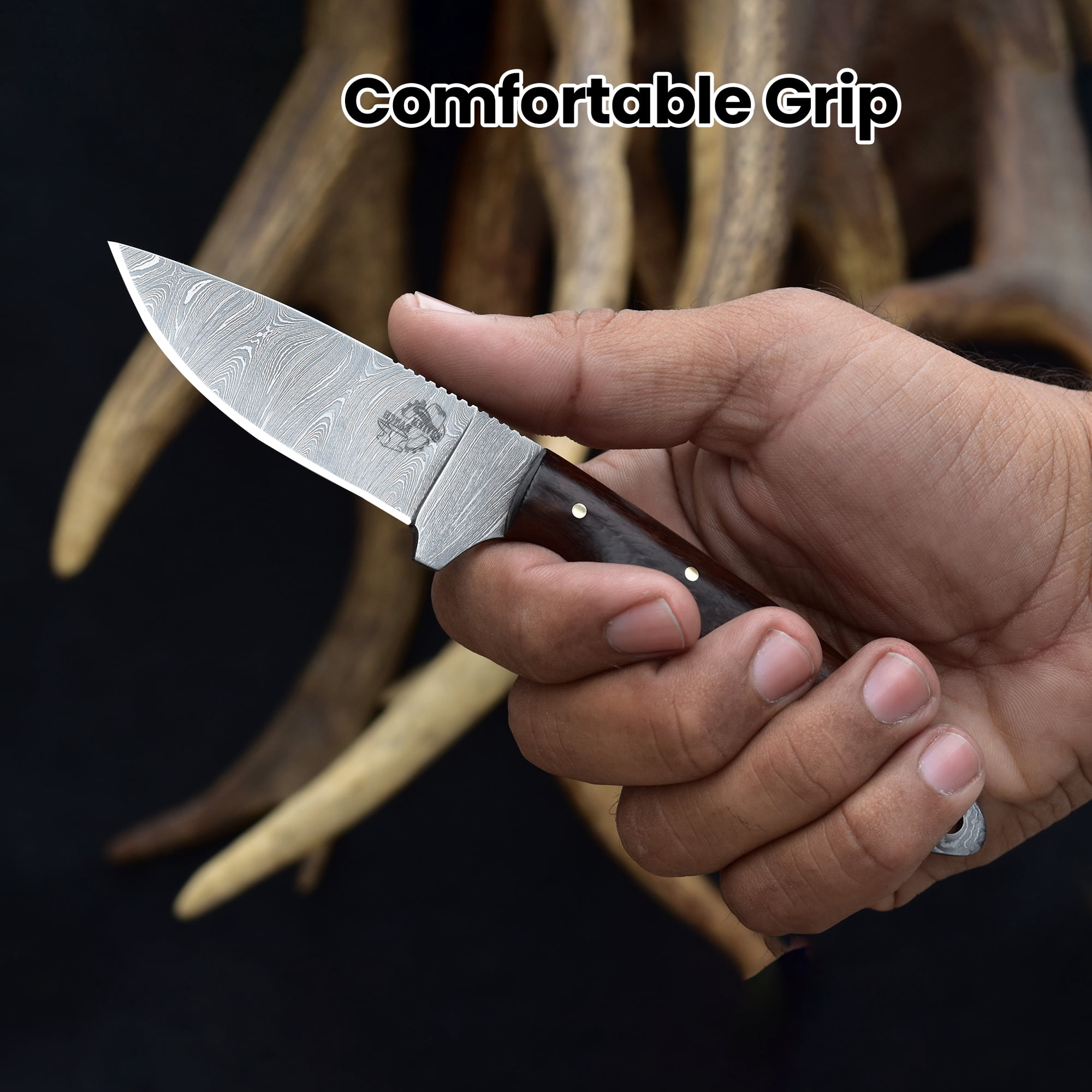 Knives Ranch Model 2001 Damascus Steel Fixed Blade Knife with Rosewood Handle – Durable Hunting, Camping, Outdoor Utility & EDC Knife