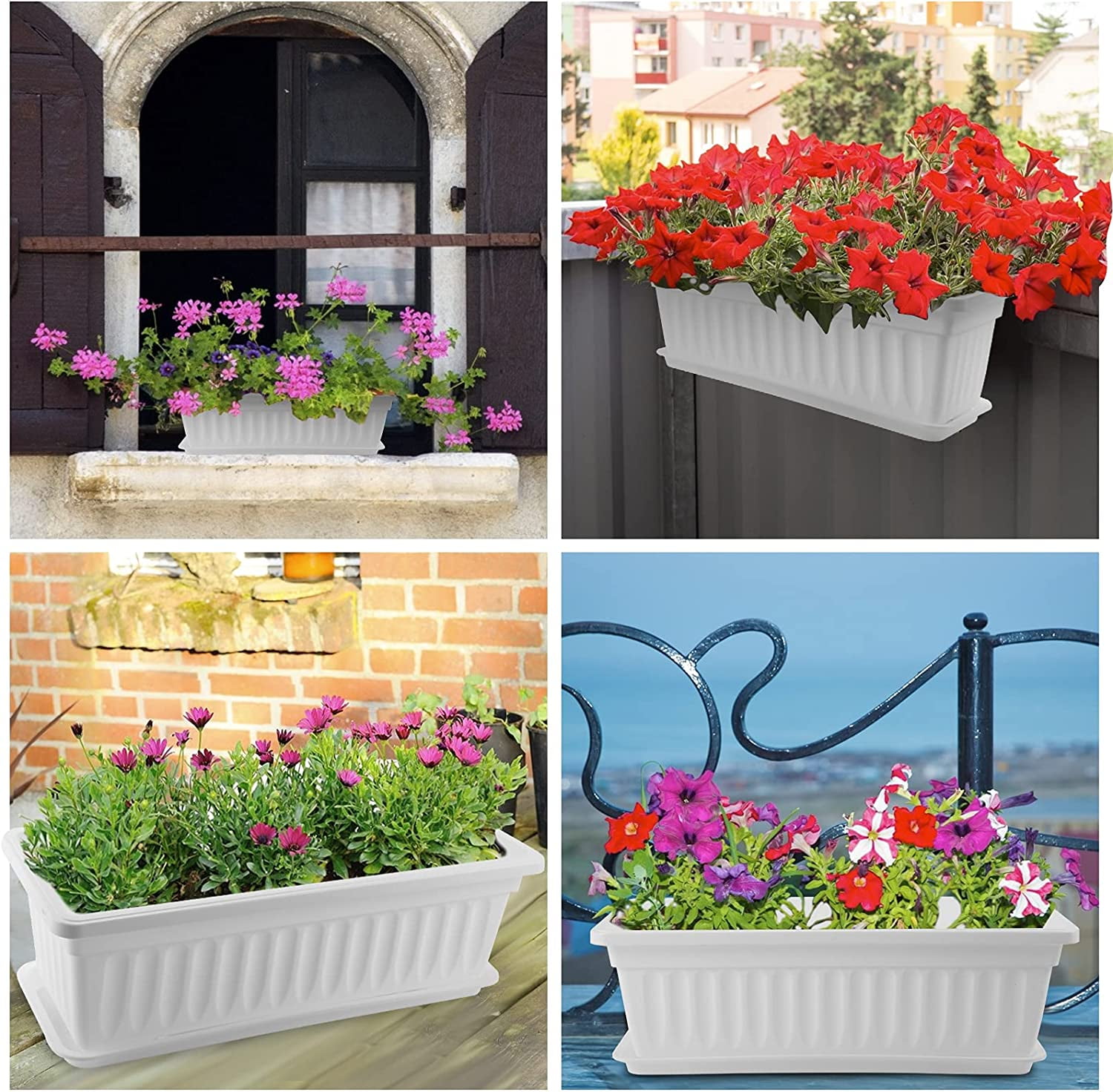 Triani 17 inch Rectangular Plastic Thicken Planters with Trays - Window Planter Box for Outdoor and Indoor Herbs, Vegetables, Flowers and Succulent Plants (1 Pack White)