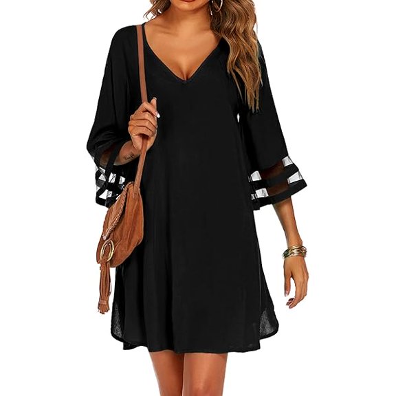 Women's Swimsuit Cover Up 3/4 Bell Sleeve Beachwear Coverups Deep V-Neck Bikini Beach Dress S-3XL