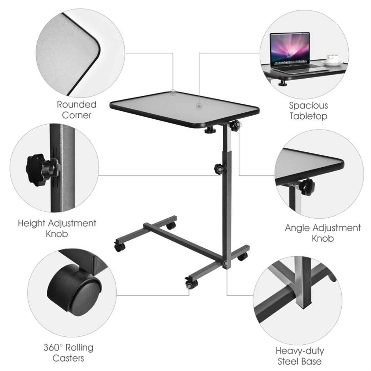 Demi Bonn Overbed Rolling Food Tray Table, Laptop Workstation for Laptops, Books, Tablets, and Art, Balck