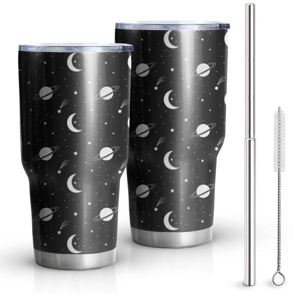 30oz Black Space Moon Planet Pattern Tumblers Stainless Steel Tumbler with Lid and Straw,Vacuum Insulated Double Wall Travel Tumbler Cups Mug with Cleaning Brush for Coffee,Tea