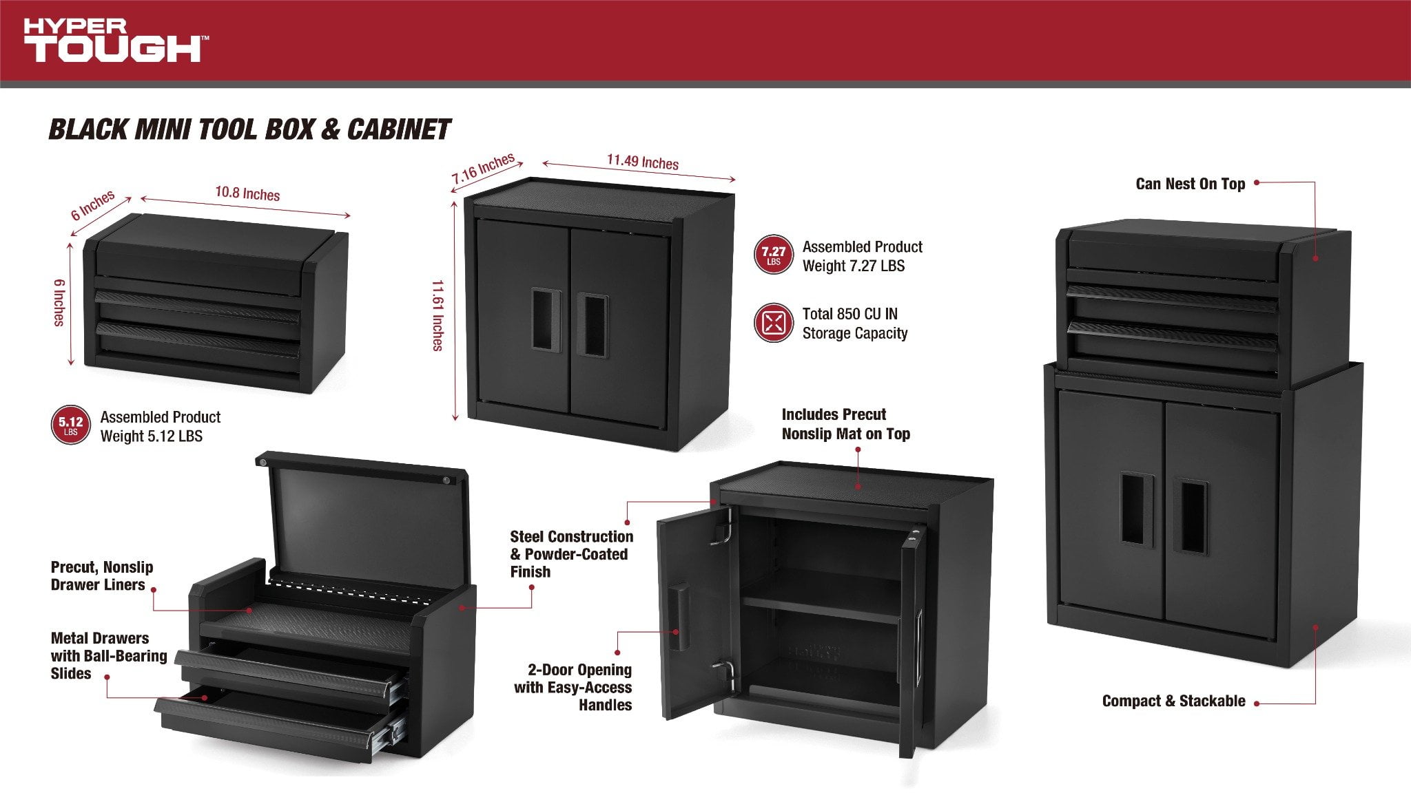 Hyper Tough Mini Tool Cabinet – 11.6-Inch Steel Storage Cabinet, Black, Double Doors & Non-Slip Top Mat