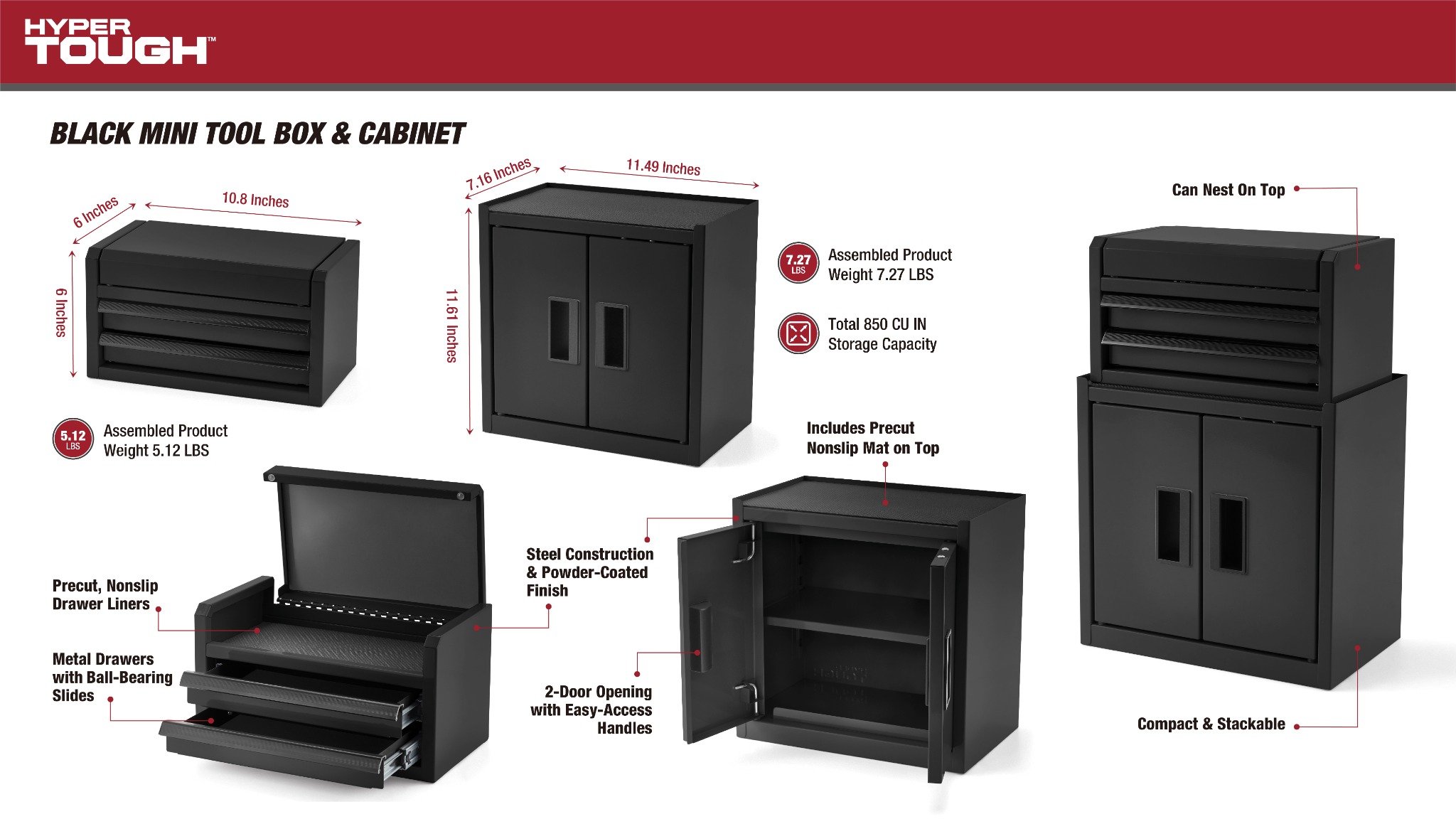 Gabinete mini para herramientas Hyper Tough de 11.6 pulg. de acero, negro, doble puerta y tapete antideslizante 4