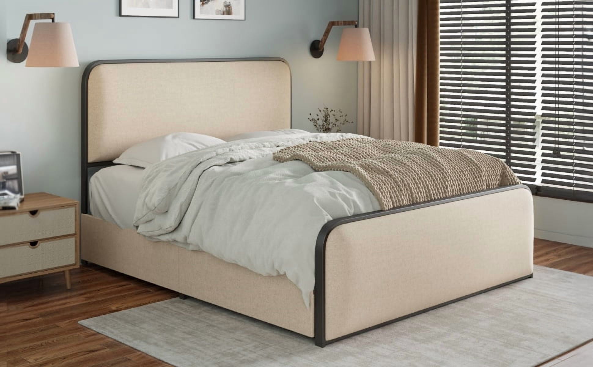 MAYEERTY Queen Metal Bed Frame Curved Upholstered Headboard 4 Drawers for Bedroom Beige