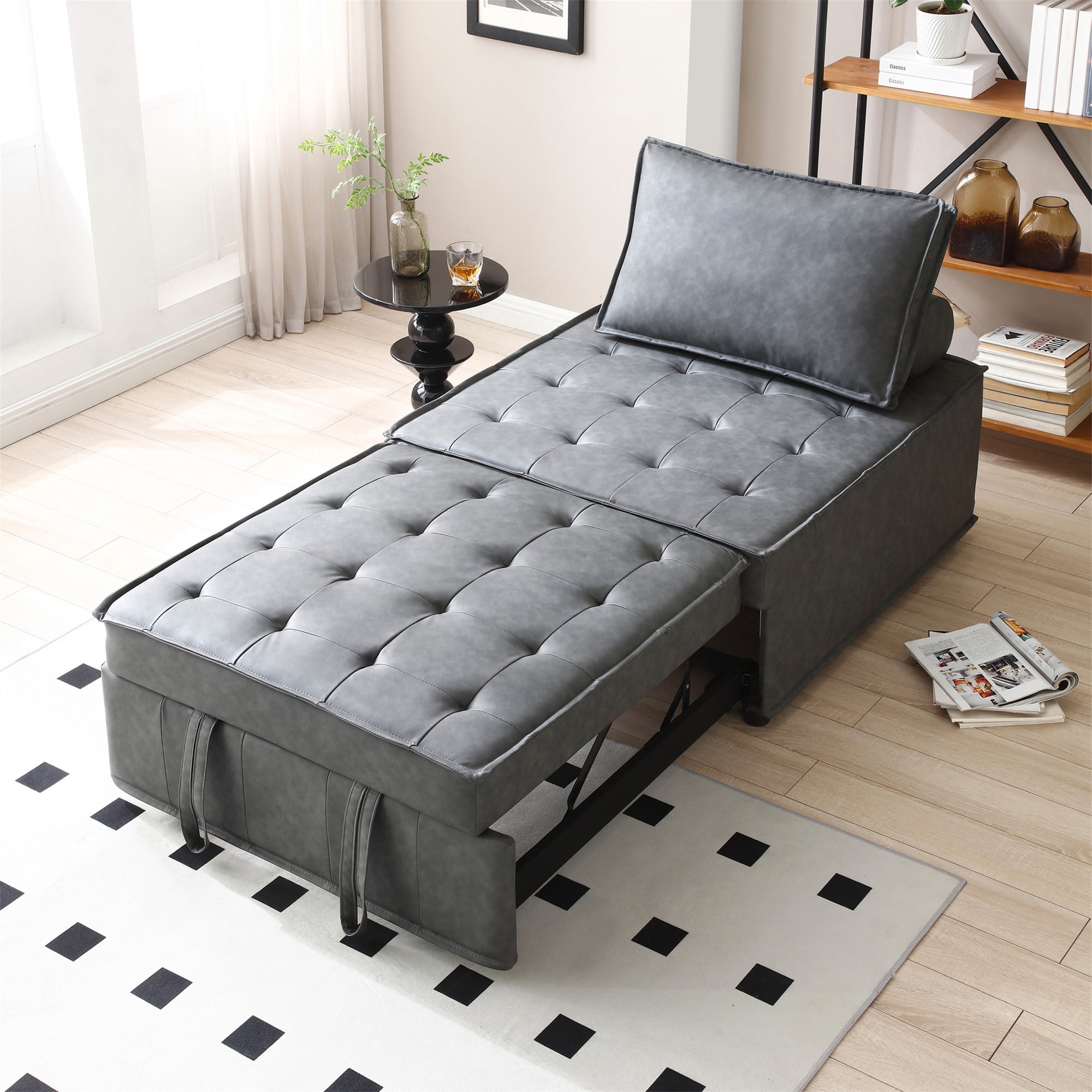 Aukfa 78" Chaise Futon Oversized Pull Out Sleeper Chair Bed for Home Office, Leather, Gray