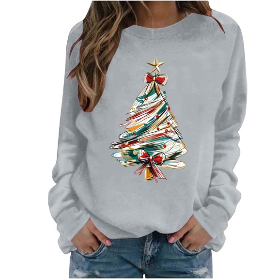 Ecqkame Womens Crew Neck Sweatshirts Christmas Print Long Sleeve Casual Loose Pullover Top Holiday Daily Comfy Fit Sweatshirt Gray XL