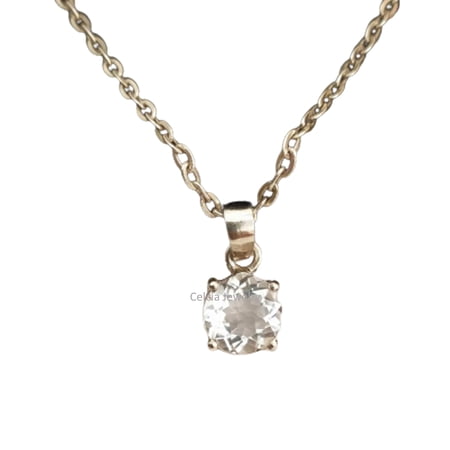 Solid 925 Sterling Silver Necklace For Women, Genuine White Cubic Zircon Round Gemstone Unique Handcrafted April Birthstone Necklace