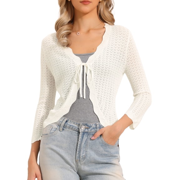 DARING DIVA Women's Crochet Bolero Shrug 3/4 Sleeve Cropped Cardigans Top XS White