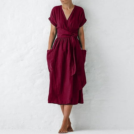 

Jsaierl Women s Cotton Linen Dresses Short Sleeve Summer Plus Size Maxi Dress Cute Solid Color V Neck Dress Comfortable Cool Dresses 2023