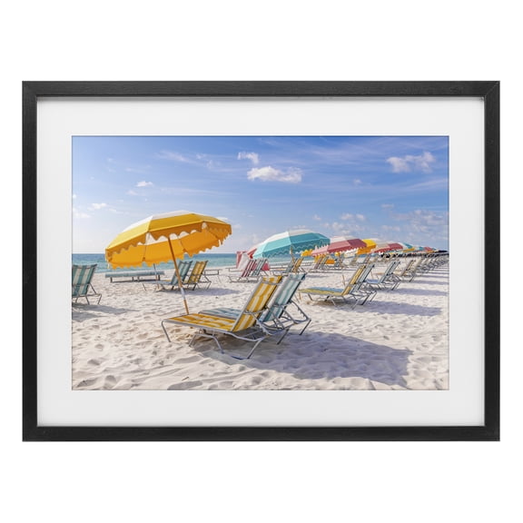 Stupell Industries Striped Umbrellas on Sunny Beach Black Framed Print Under Glass, design by Richard Silver