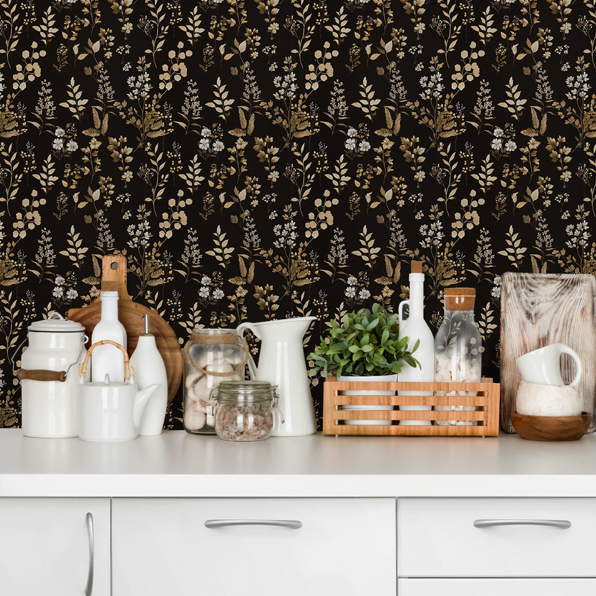 UMIGGEE 17.3-in x 236-in Floral Wallpaper Peel and Stick Floral Black Wallpaper Self Adhesive Flower Wall Paper Contact Paper Home Decor Wall Covering Old Furniture Renovation