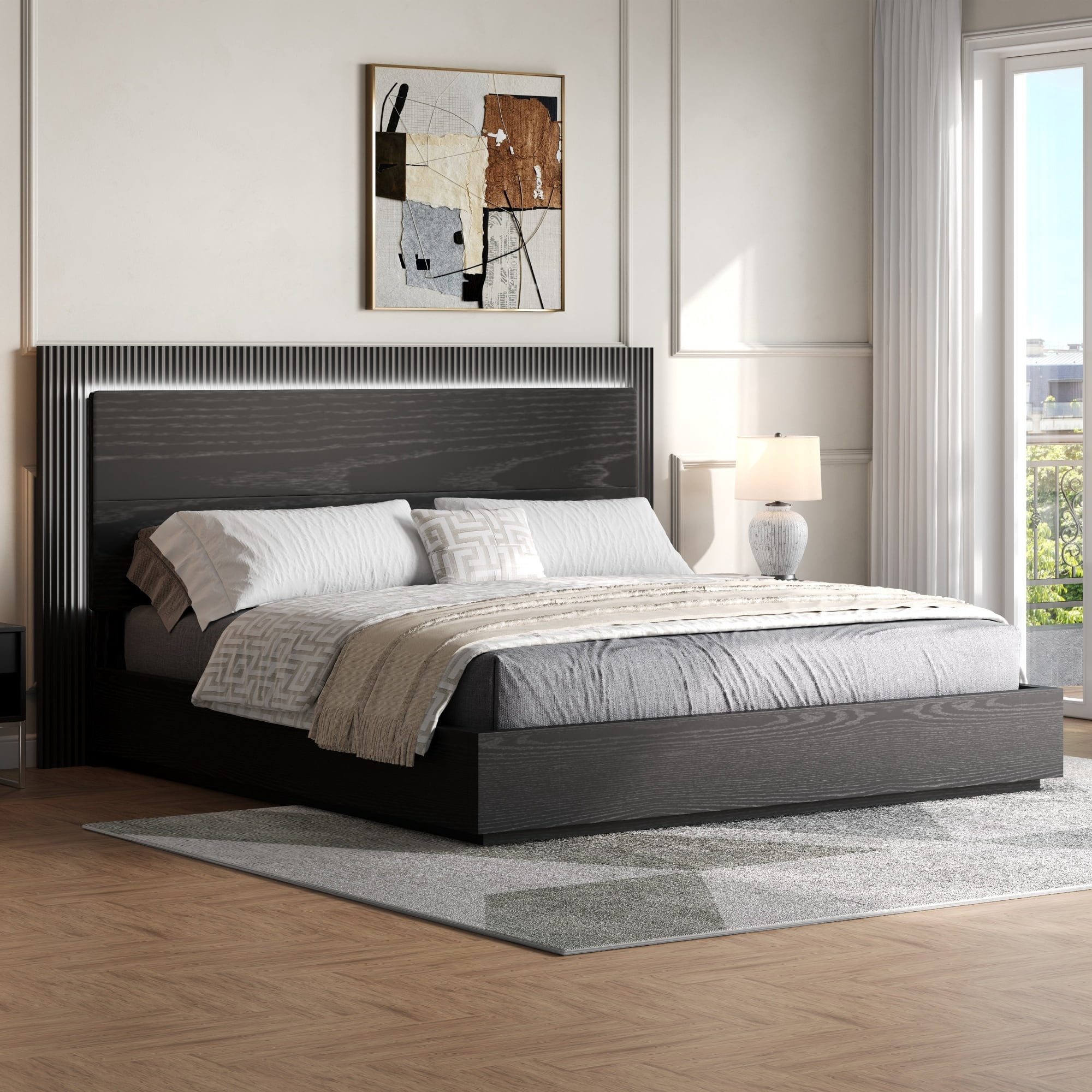 Euroco Wood Queen Size Platform Bed with LED Light Headboard, No Box Spring Needed, Black