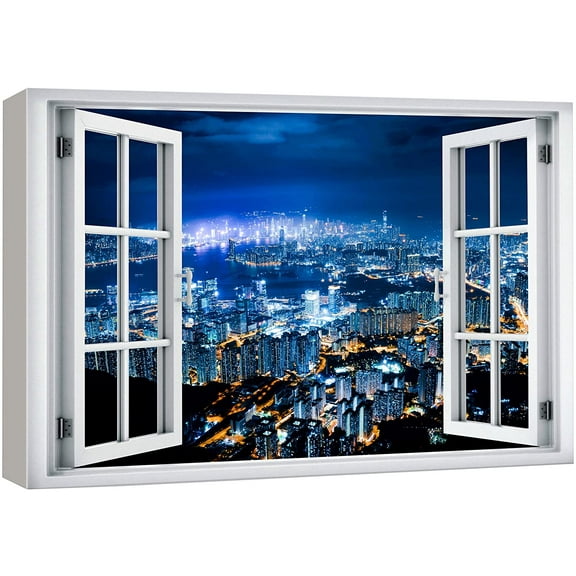 wall26 Canvas Print Wall Art Window View Urban New York City Nightlife Skyscraper Wilderness Nature Photography Realism Scenic Landscape Colorful Multicolor for Living Room, Bedroom, Office - 16&quot
