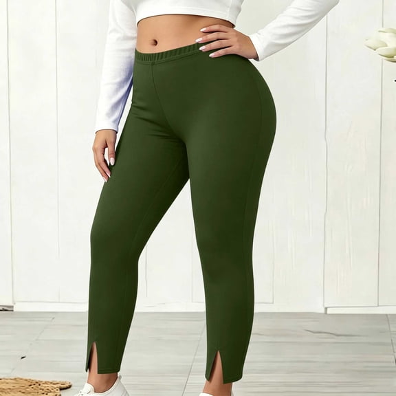 Karymi Pants for Women, Plus Size Solid Split Hem Leggings, Elastic High Waist Yoga Pants, Casual Workout Slim Fit Ankle Length Trousers