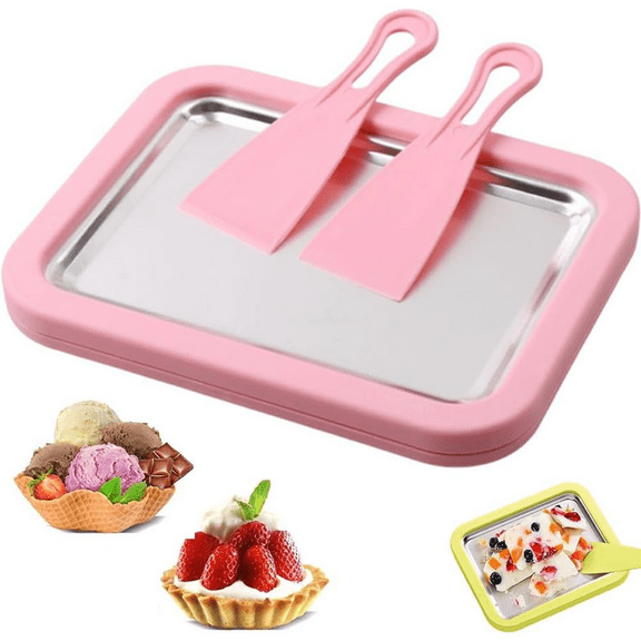 Rolled Ice Cream Maker Kit, Frozen Yoghurt Plate Mini Freezer Kit with 2 Scrapers, DIY Homemade Ice Cream tray, Yogurt, Sorbet, Fun Family Activity for Kids, Food-Grade Stainless Steel