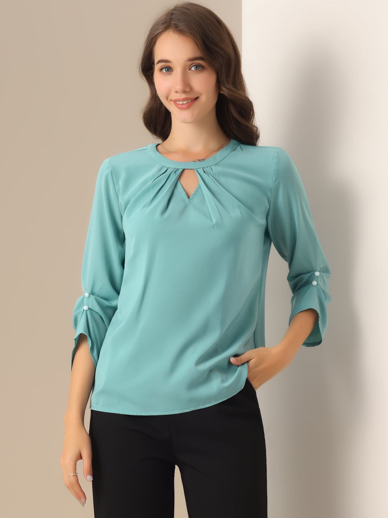 DARING DIVA 3/4 Sleeve Round Neck Keyhole Pleated Tops L Gray Green
