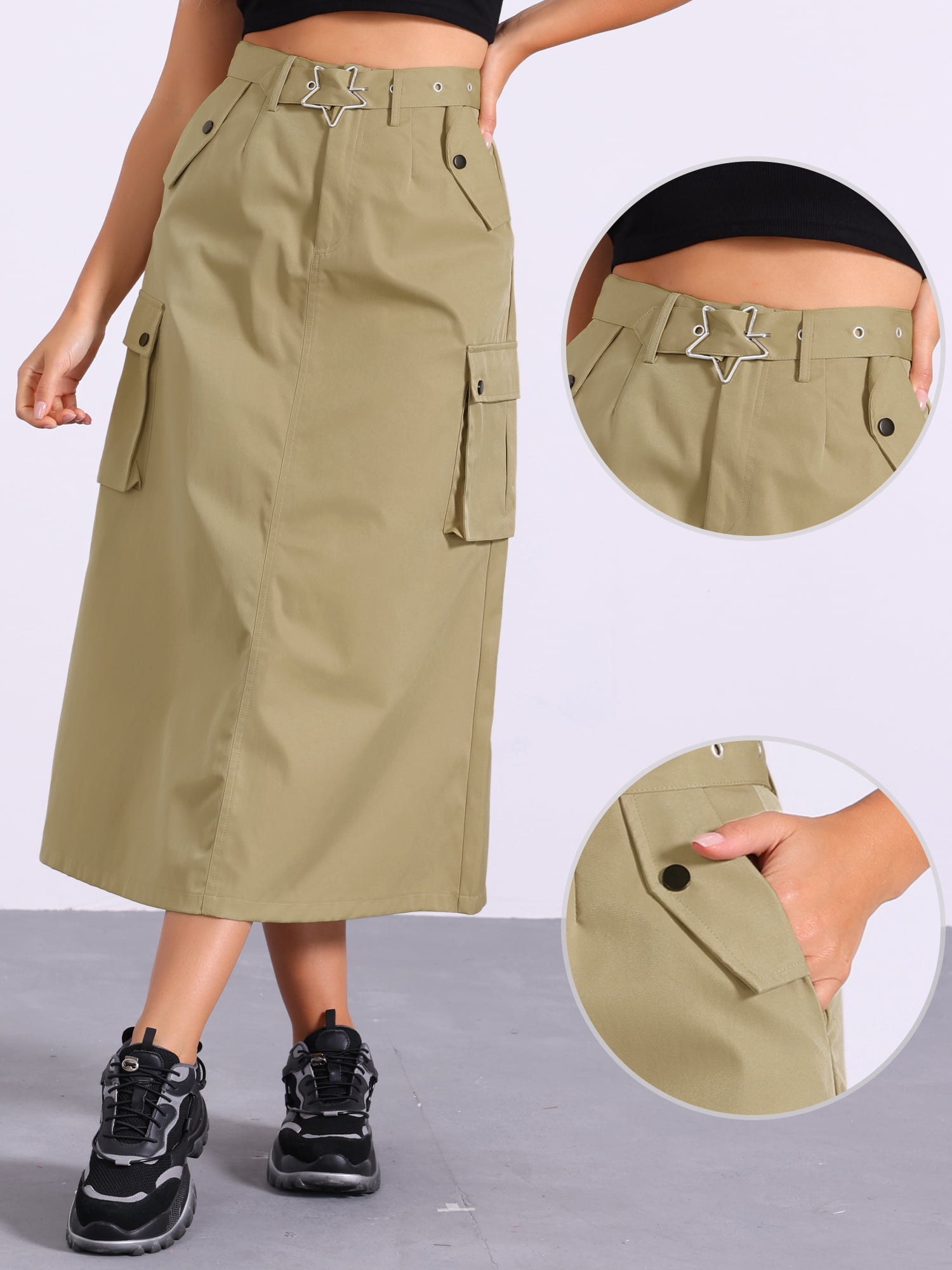 DARING DIVA Women's Stylish Versatile Y2K Cargo Long Skirt Vintage Streetwear S Khaki