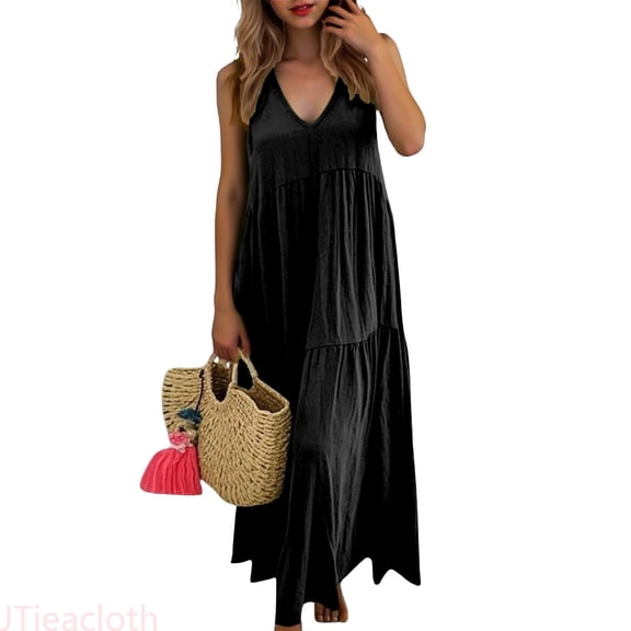 JTieacloth Casual Dresses for Women Casual Bohemian Style Solid Color Sleeveless V Neck Beach Maxi Dress Flowy Summer,Black