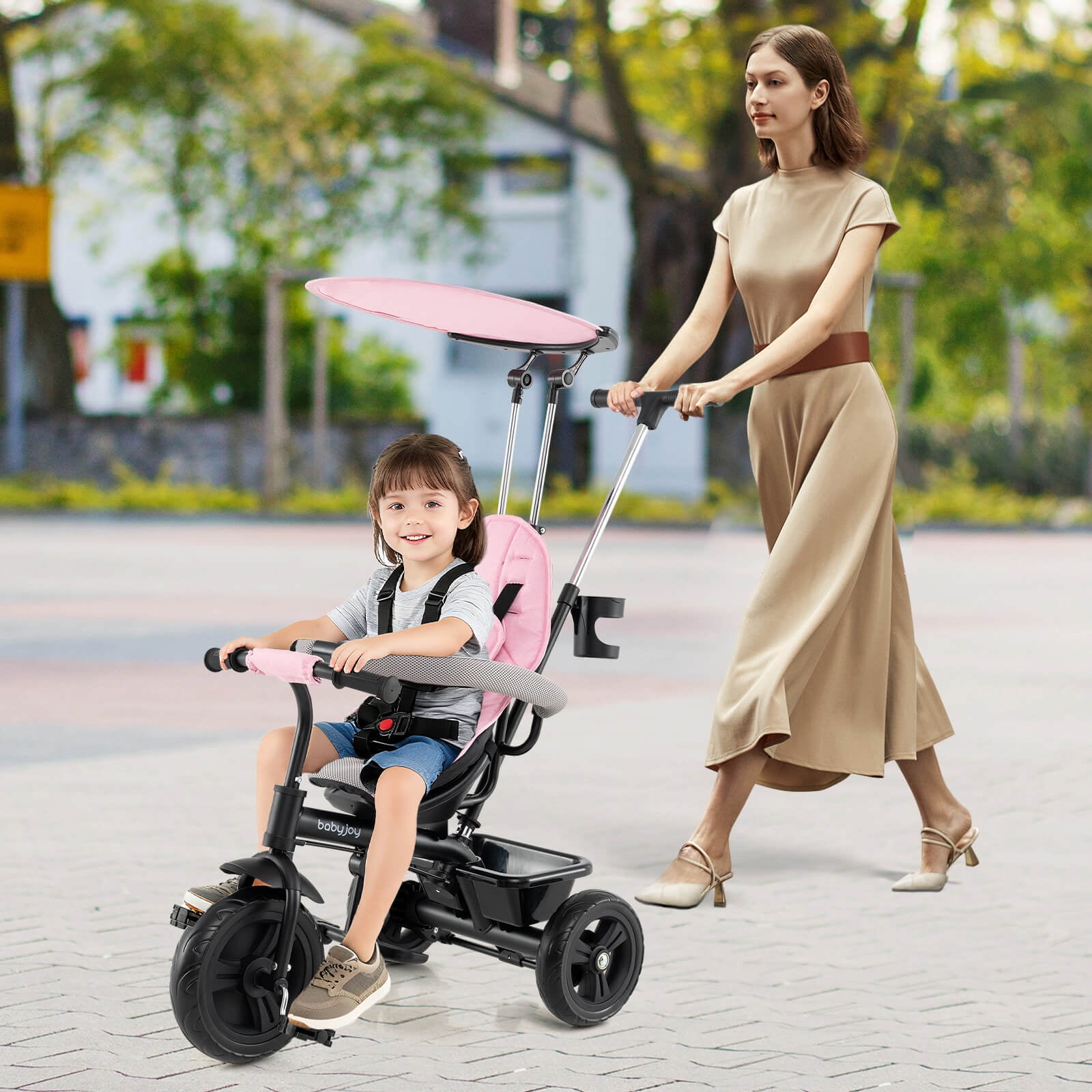 Costway Toddler Tricycle, 7 in 1 Push Trike with Adjustable Canopy Parent Push Handle Seat Pink